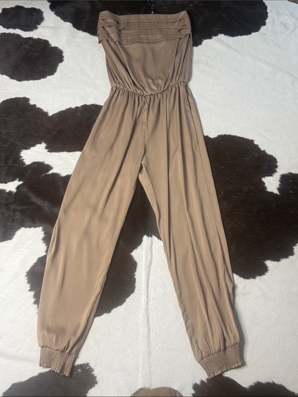 Alythea Strapless Pleated Bandeau Jumpsuit in Taupe